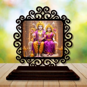 Car Desk/Table Top Lord Vishnu and Lakshmi Wooden Showpiece 3x4 Inches, Compact & Stylish Spiritual Display for Car, Home & Office (Pack of 1) (F19997)