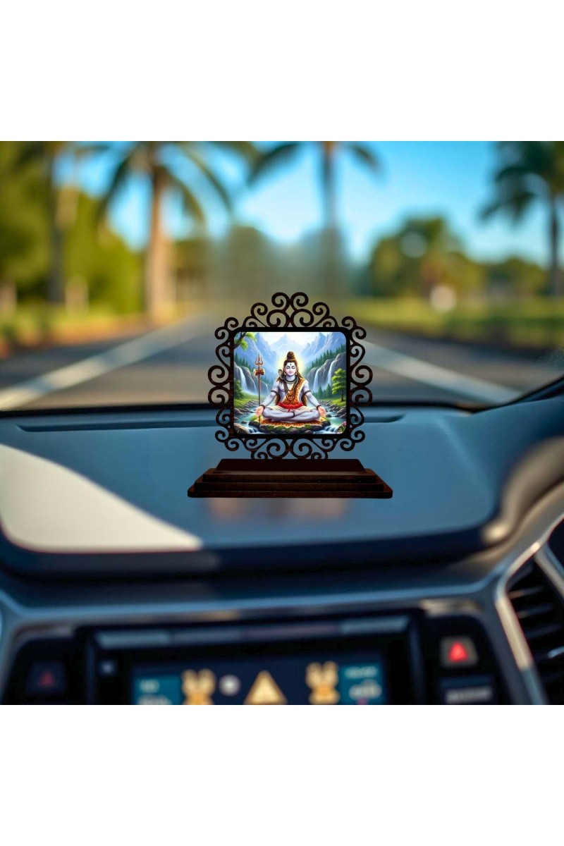 Car Desk/Table Top Lord Shiva Wooden Showpiece 3x4 Inches, Compact & Stylish Spiritual Display for Car, Home & Office (Pack of 1) (F19905)