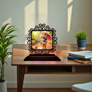 Car Desk/Table Top Lord Krishna Wooden Showpiece 3x4 Inches, Compact & Stylish Spiritual Display for Car, Home & Office (Pack of 1) (F19862)