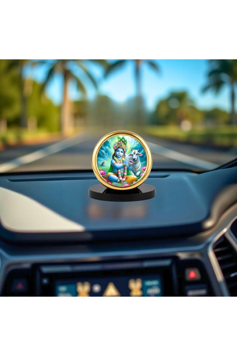 Car Desk/Table Top Lord Krishna Metal Golden Photo Stand 2x2 Inches, Compact & Stylish Spiritual Display for Car, Home & Office (Pack of 1) (F18742)
