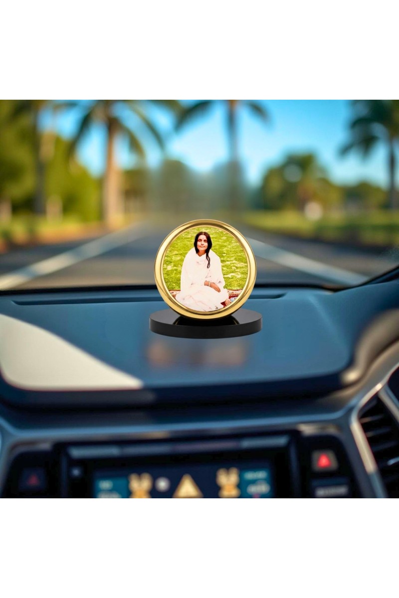 Car Desk/Table Top Anandamayi Metal Golden Photo Stand 2x2 Inches, Compact & Stylish Spiritual Display for Car, Home & Office (Pack of 1) (F18465)