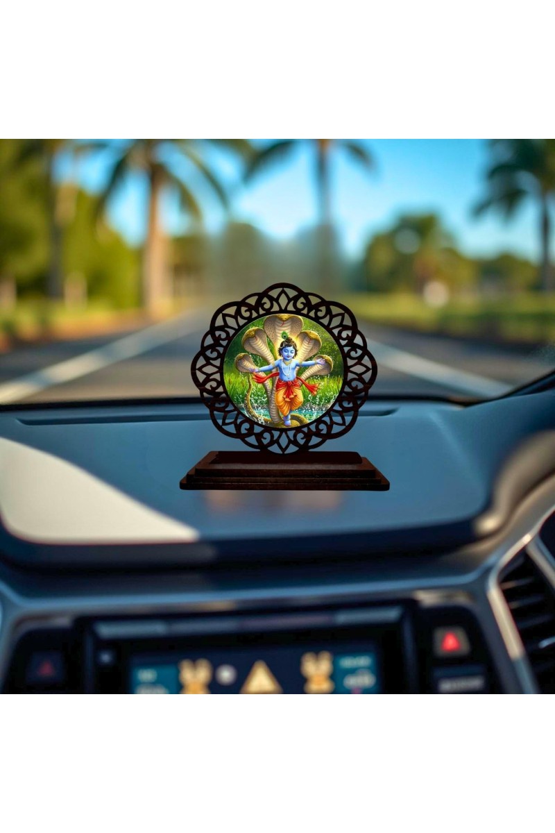 Car Desk/Table Top Lord Krishna Wooden Showpiece 3x4 Inches, Compact & Stylish Spiritual Display for Car, Home & Office (Pack of 1) (F19669)