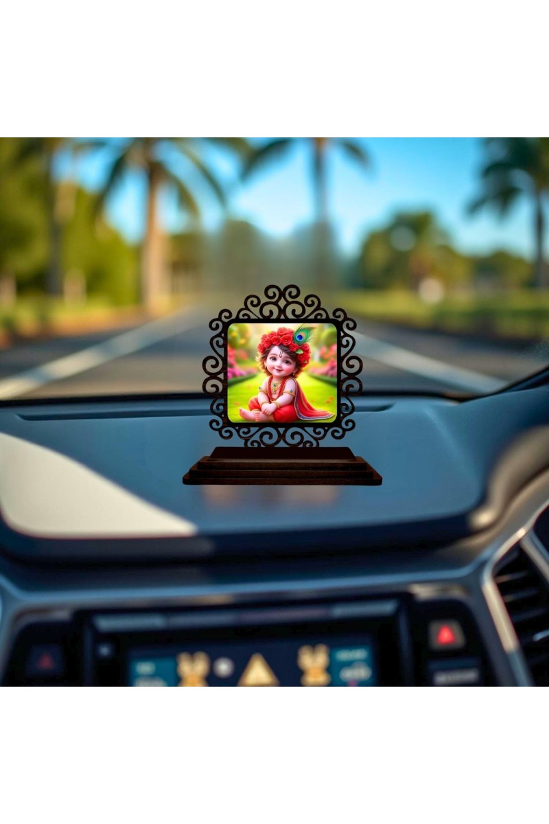 Car Desk/Table Top Lord Krishna Wooden Showpiece 3x4 Inches, Compact & Stylish Spiritual Display for Car, Home & Office (Pack of 1) (F19888)