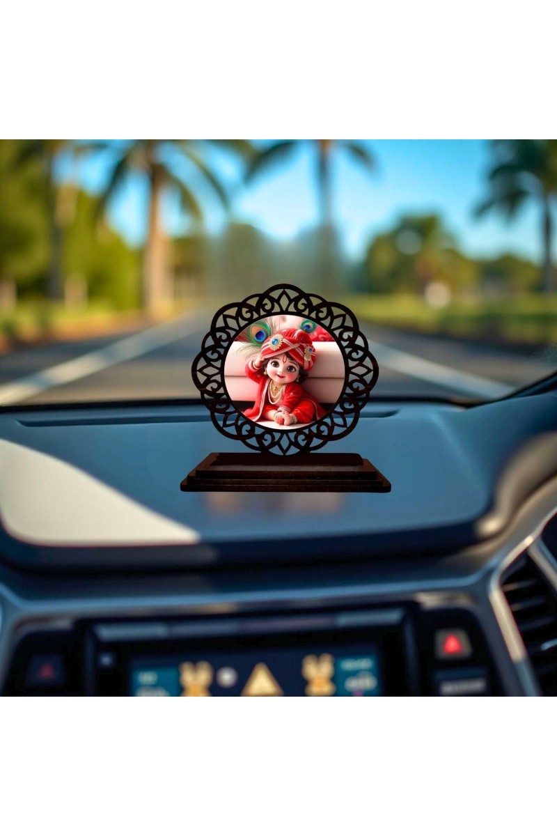 Car Desk/Table Top Lord Krishna Wooden Showpiece 3x4 Inches, Compact & Stylish Spiritual Display for Car, Home & Office (Pack of 1) (F19762)