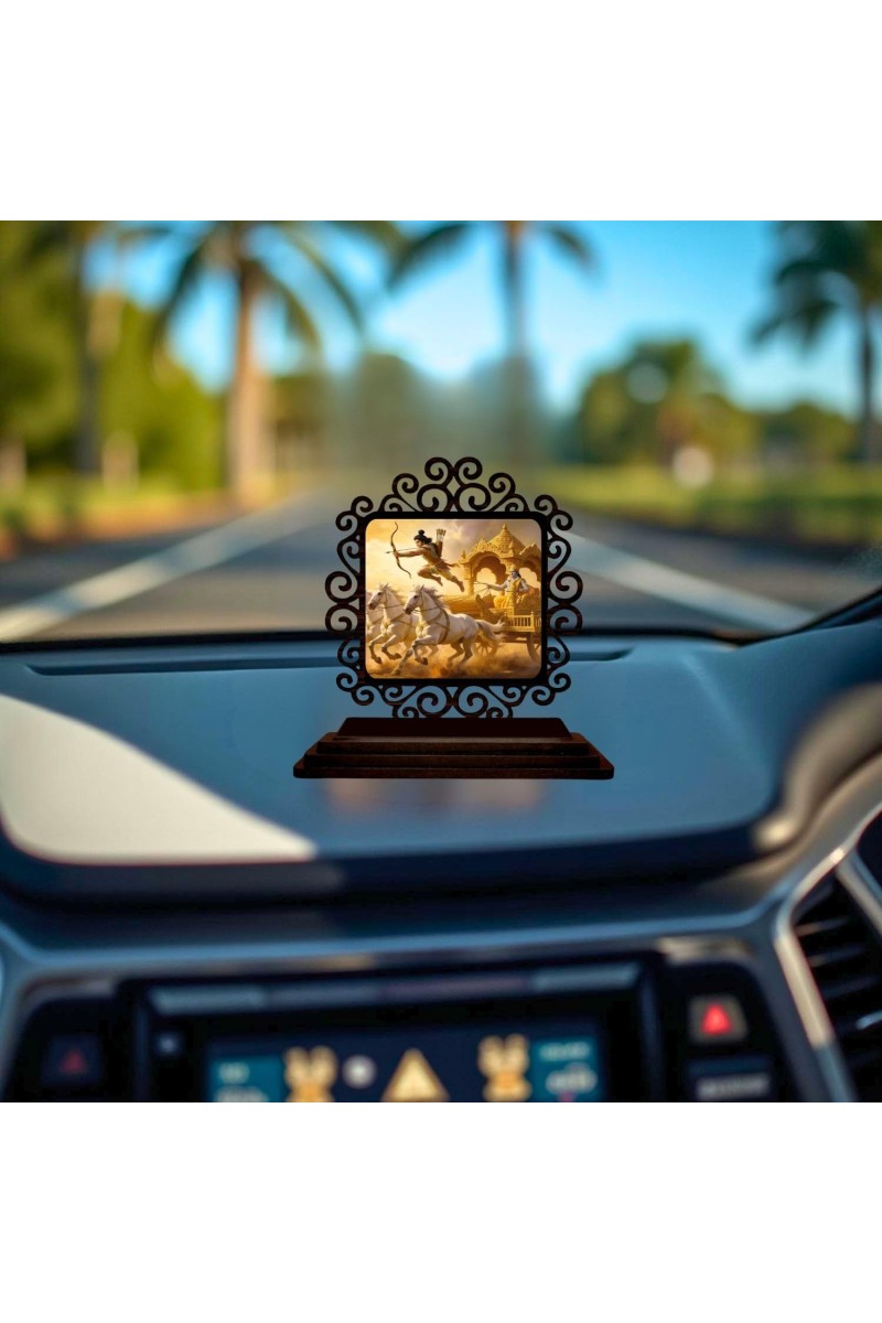 Car Desk/Table Top Krishna Arjuna Wooden Showpiece 3x4 Inches, Compact & Stylish Spiritual Display for Car, Home & Office (Pack of 1) (F19797)