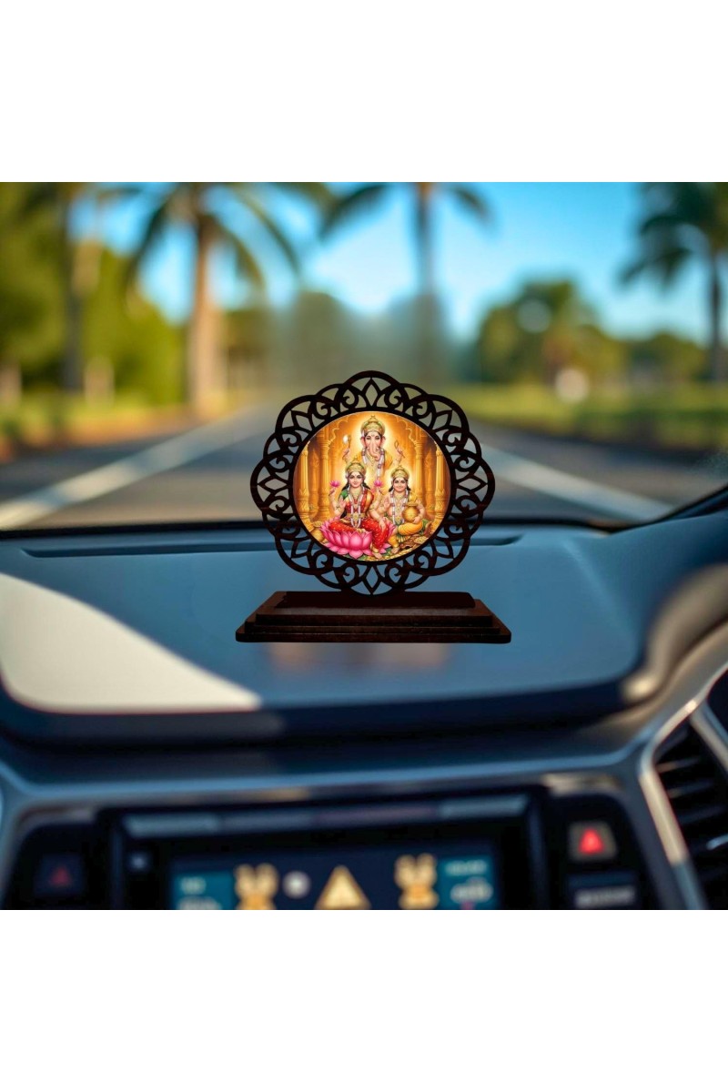 Car Desk/Table Top Lord Ganesha and Lakshmi and Kubera Wooden Showpiece 3x4 Inches, Compact & Stylish Spiritual Display for Car, Home & Office (Pack of 1) (F19708)