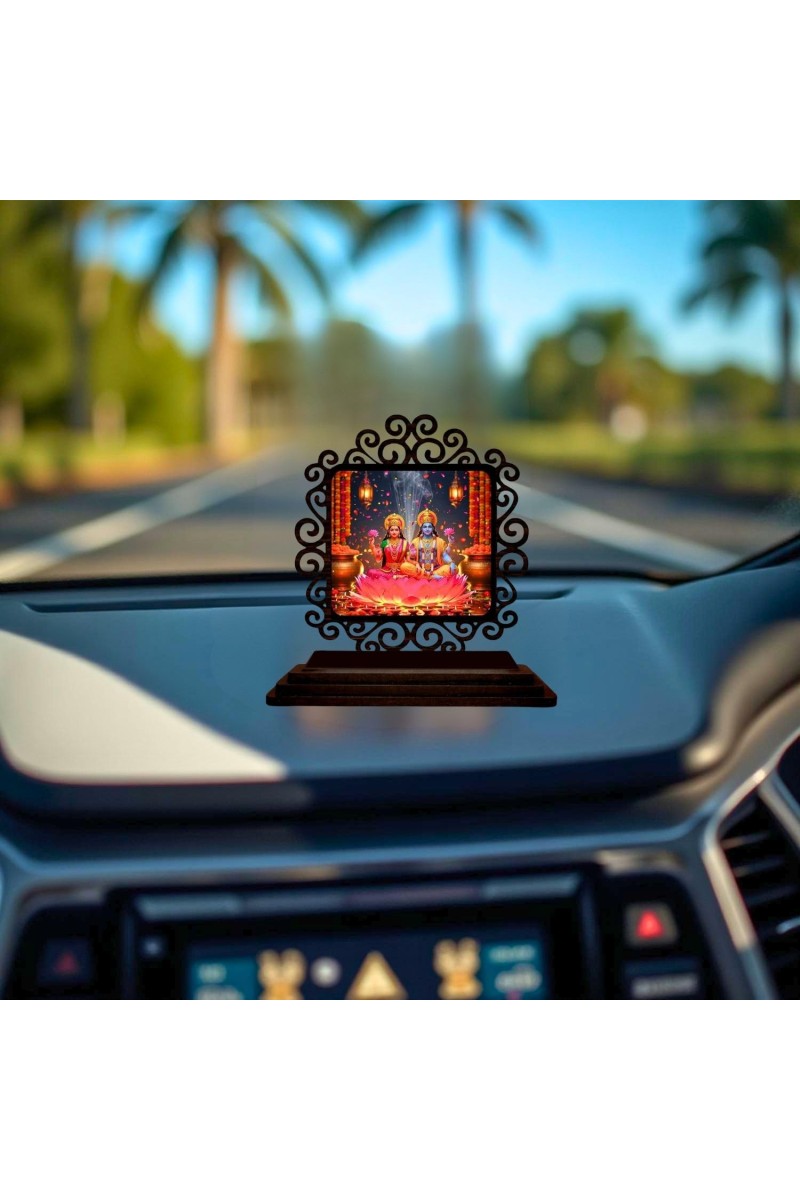 Car Desk/Table Top Lord Vishnu and Lakshmi Wooden Showpiece 3x4 Inches, Compact & Stylish Spiritual Display for Car, Home & Office (Pack of 1) (F20062)