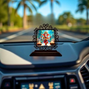 Car Desk/Table Top Lord Ganesha Wooden Showpiece 3x4 Inches, Compact & Stylish Spiritual Display for Car, Home & Office (Pack of 1) (F19802)