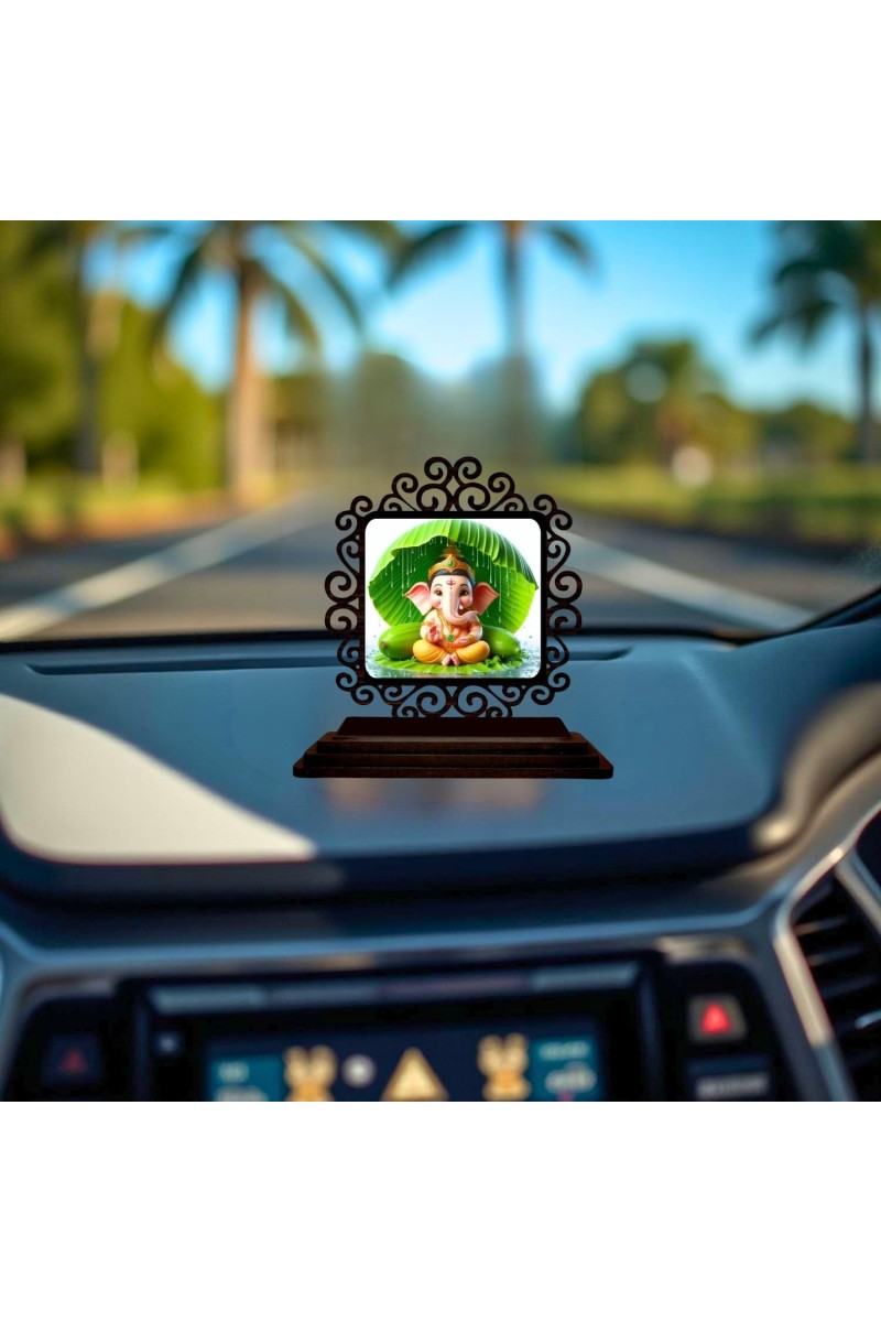 Car Desk/Table Top Lord Ganesha Wooden Showpiece 3x4 Inches, Compact & Stylish Spiritual Display for Car, Home & Office (Pack of 1) (F19956)