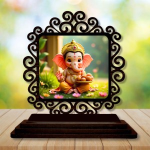 Car Desk/Table Top Lord Ganesha Wooden Showpiece 3x4 Inches, Compact & Stylish Spiritual Display for Car, Home & Office (Pack of 1) (F19963)