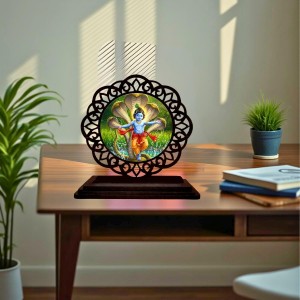 Car Desk/Table Top Lord Krishna Wooden Showpiece 3x4 Inches, Compact & Stylish Spiritual Display for Car, Home & Office (Pack of 1) (F19669)