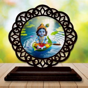 Car Desk/Table Top Lord Krishna Wooden Showpiece 3x4 Inches, Compact & Stylish Spiritual Display for Car, Home & Office (Pack of 1) (F19714)