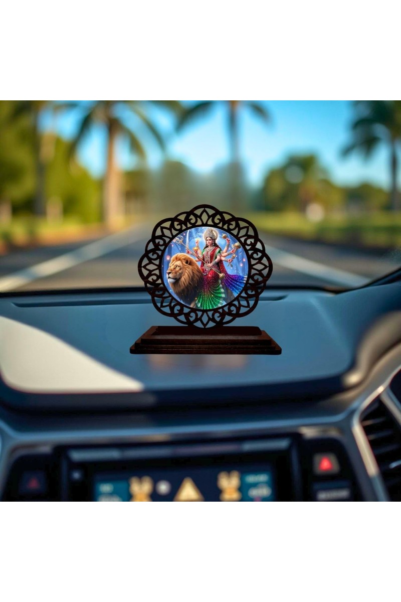 Car Desk/Table Top Goddess Durga Matha Wooden Showpiece 3x4 Inches, Compact & Stylish Spiritual Display for Car, Home & Office (Pack of 1) (F19710)
