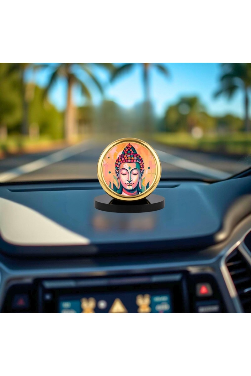 Car Desk/Table Top Serene Buddha Metal Golden Photo Stand 2x2 Inches, Compact & Stylish Spiritual Display for Car, Home & Office (Pack of 1) (F18467)