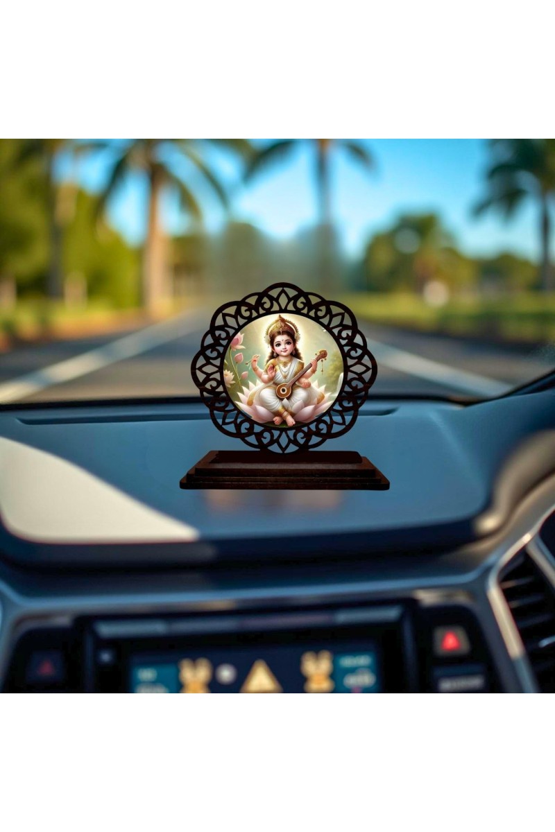 Car Desk/Table Top Goddess Saraswathi Wooden Showpiece 3x4 Inches, Compact & Stylish Spiritual Display for Car, Home & Office (Pack of 1) (F19664)
