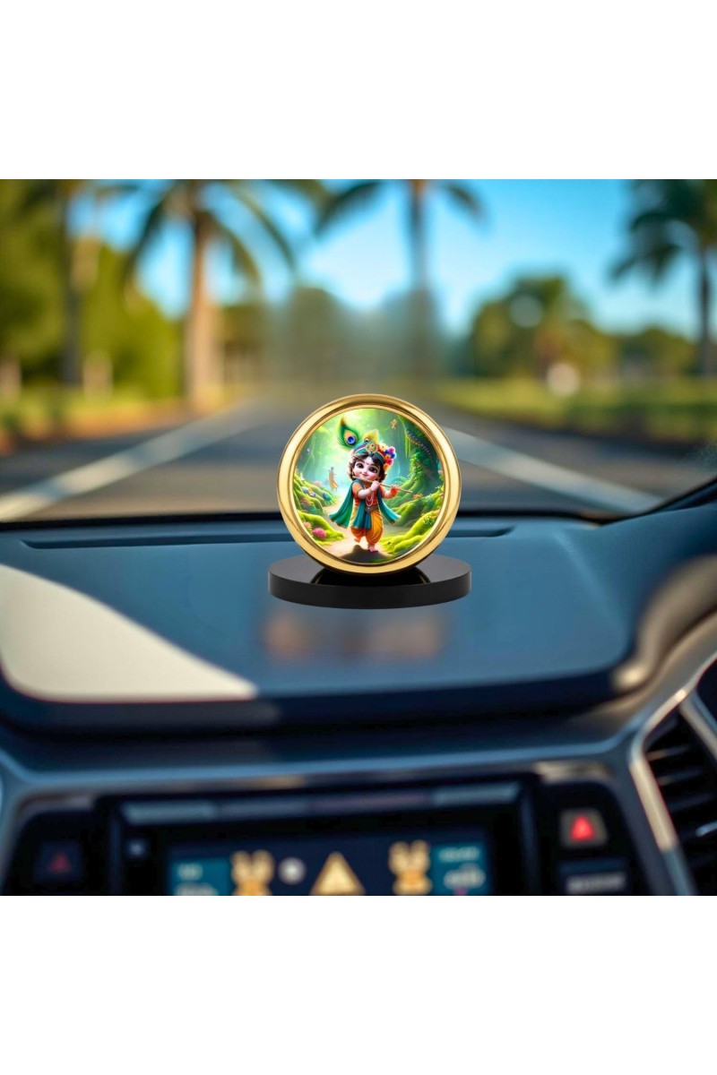 Car Desk/Table Top Little Krishna Metal Golden Photo Stand 2x2 Inches, Compact & Stylish Spiritual Display for Car, Home & Office (Pack of 1) (F18632)