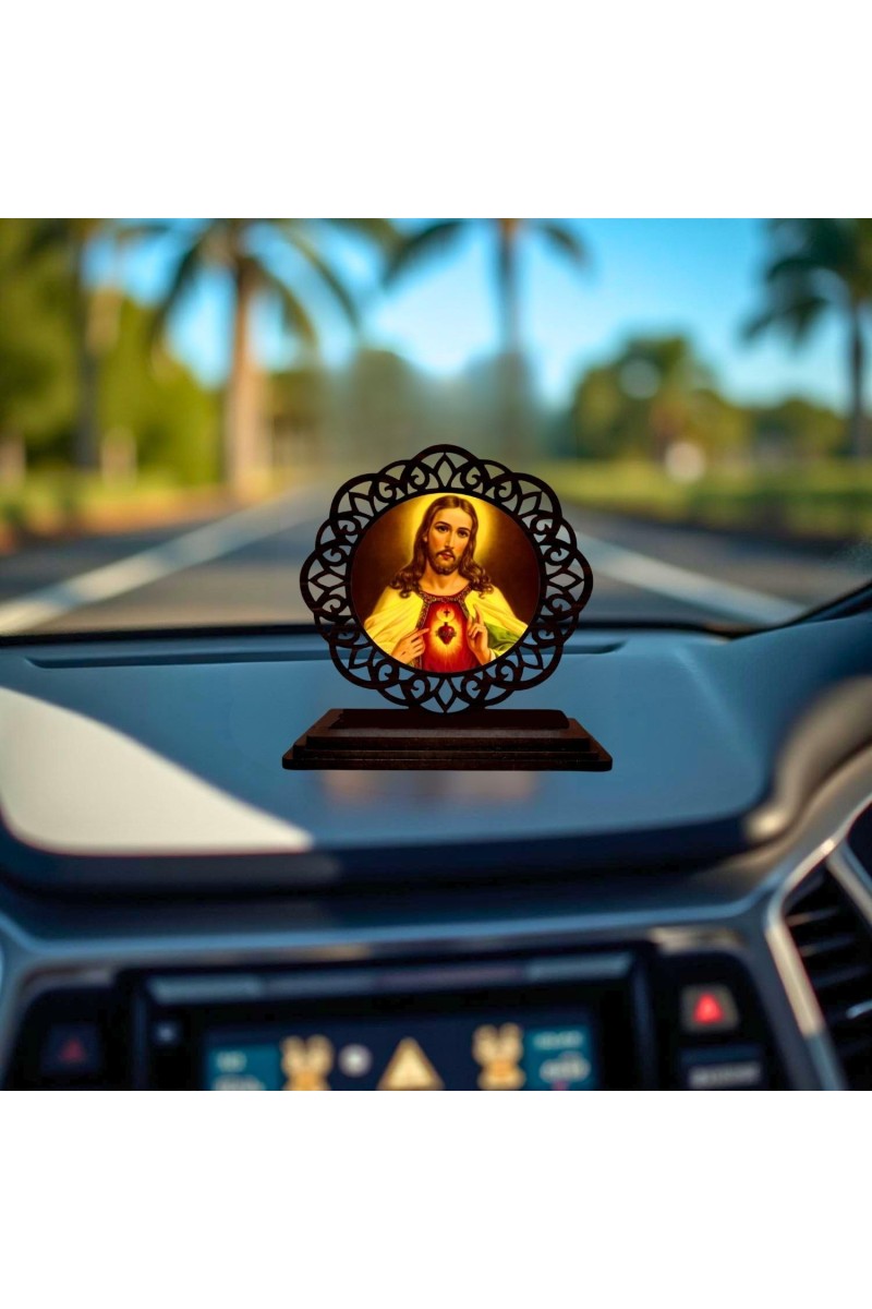 Car Desk/Table Top Lord Jesus Wooden Showpiece 3x4 Inches, Compact & Stylish Spiritual Display for Car, Home & Office (Pack of 1) (F19559)