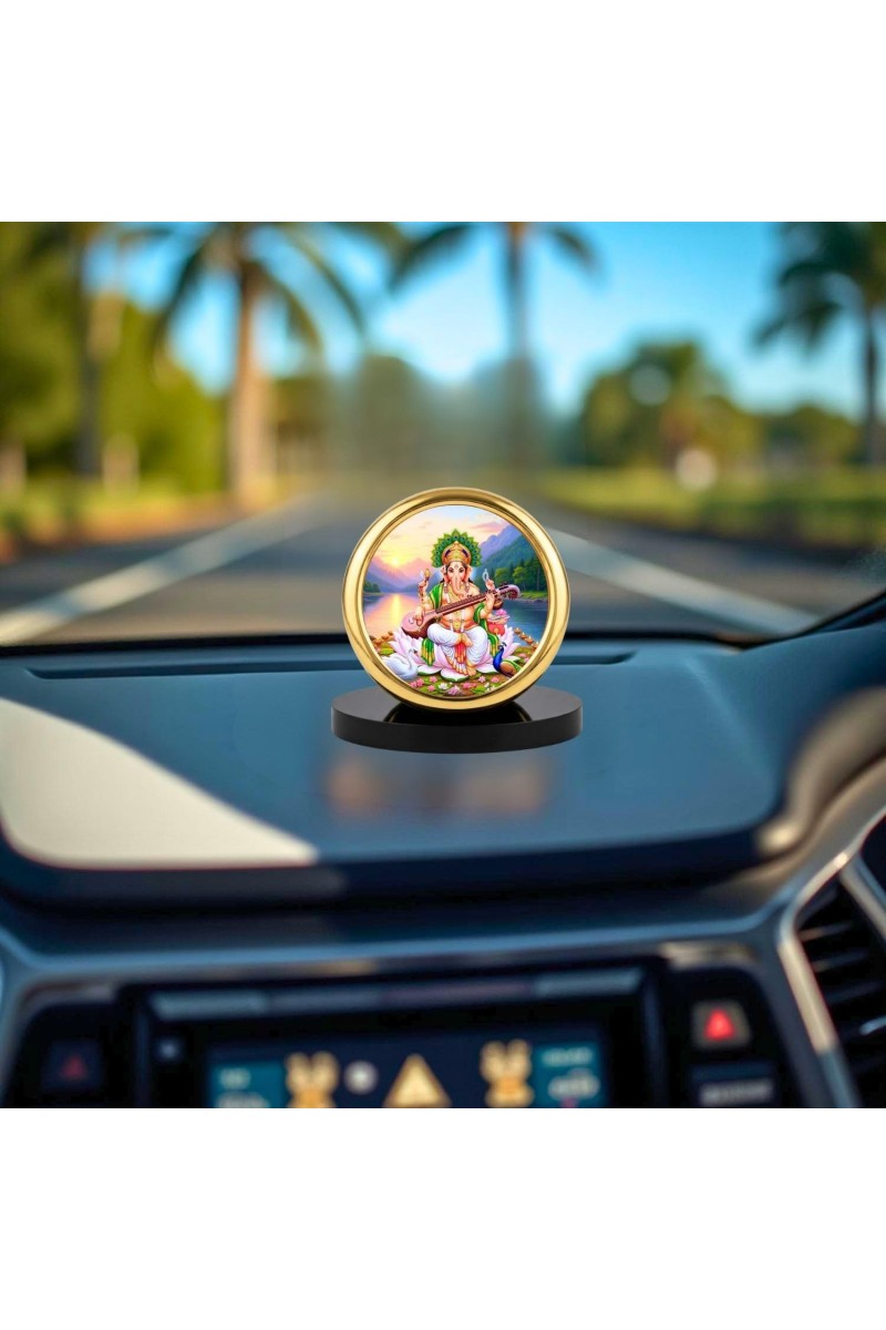 Car Desk/Table Top Goddess Saraswathi Metal Golden Photo Stand 2x2 Inches, Compact & Stylish Spiritual Display for Car, Home & Office (Pack of 1) (F18606)