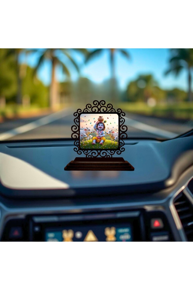Car Desk/Table Top Lord Krishna Wooden Showpiece 3x4 Inches, Compact & Stylish Spiritual Display for Car, Home & Office (Pack of 1) (F19934)
