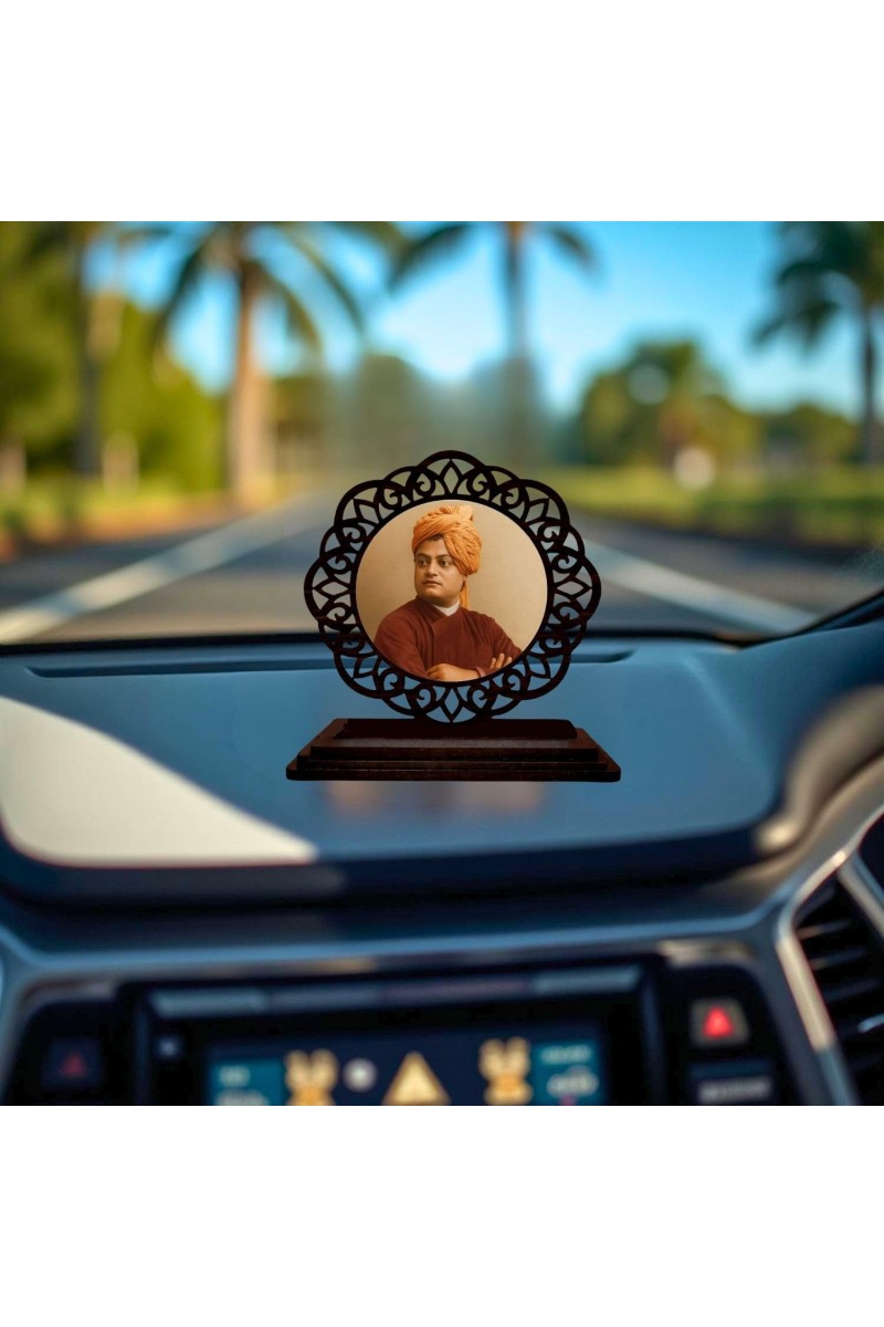 Car Desk/Table Top Swami Vivekananda Wooden Showpiece 3x4 Inches, Compact & Stylish Spiritual Display for Car, Home & Office (Pack of 1) (F19619)