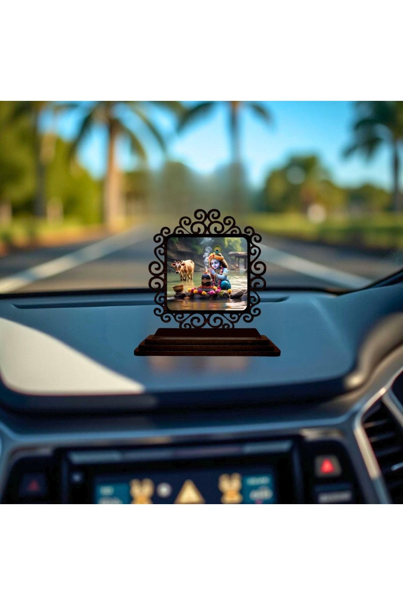 Car Desk/Table Top Lord Krishna Wooden Showpiece 3x4 Inches, Compact & Stylish Spiritual Display for Car, Home & Office (Pack of 1) (F19897)
