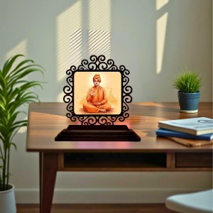 Car Desk/Table Top Swami Vivekananda Wooden Showpiece 3x4 Inches, Compact & Stylish Spiritual Display for Car, Home & Office (Pack of 1) (F19931)