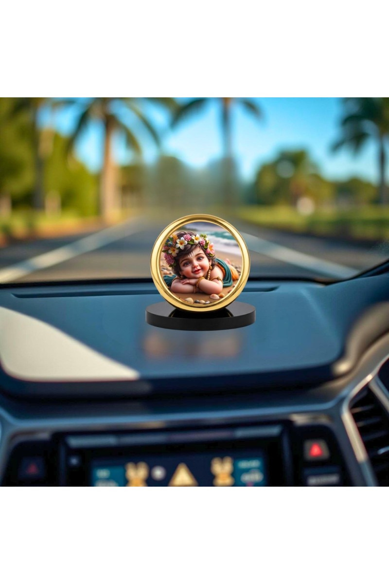 Car Desk/Table Top Little Krishna Metal Golden Photo Stand 2x2 Inches, Compact & Stylish Spiritual Display for Car, Home & Office (Pack of 1) (F18456)