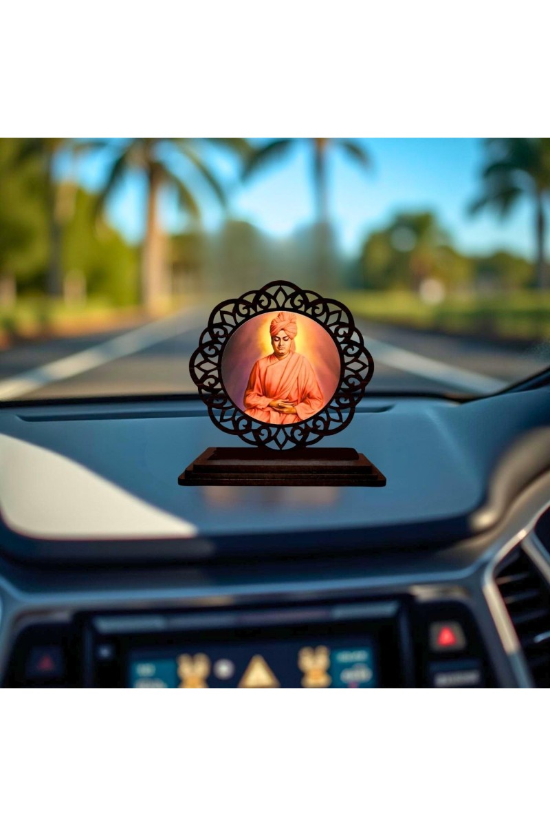 Car Desk/Table Top Swami Vivekananda Wooden Showpiece 3x4 Inches, Compact & Stylish Spiritual Display for Car, Home & Office (Pack of 1) (F19692)