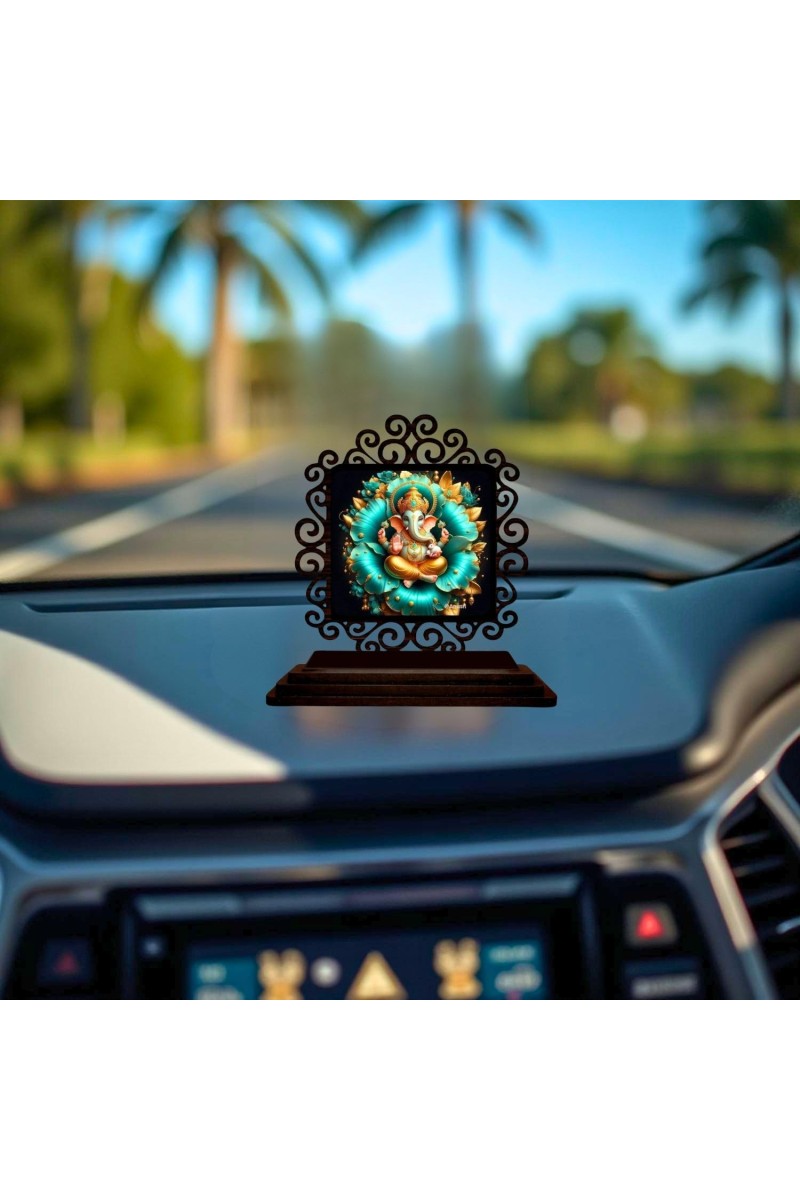 Car Desk/Table Top Lord Ganesha Wooden Showpiece 3x4 Inches, Compact & Stylish Spiritual Display for Car, Home & Office (Pack of 1) (F19948)
