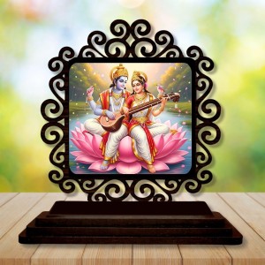 Car Desk/Table Top Lord Vishnu and Saraswathi Wooden Showpiece 3x4 Inches, Compact & Stylish Spiritual Display for Car, Home & Office (Pack of 1) (F19811)