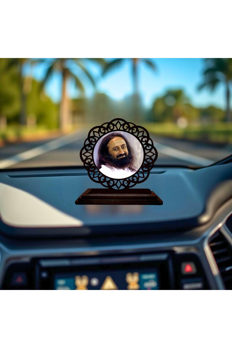 Car Desk/Table Top Sri Sri Ravi Shankar Wooden Showpiece 3x4 Inches, Compact & Stylish Spiritual Display for Car, Home & Office (Pack of 1) (F19613)