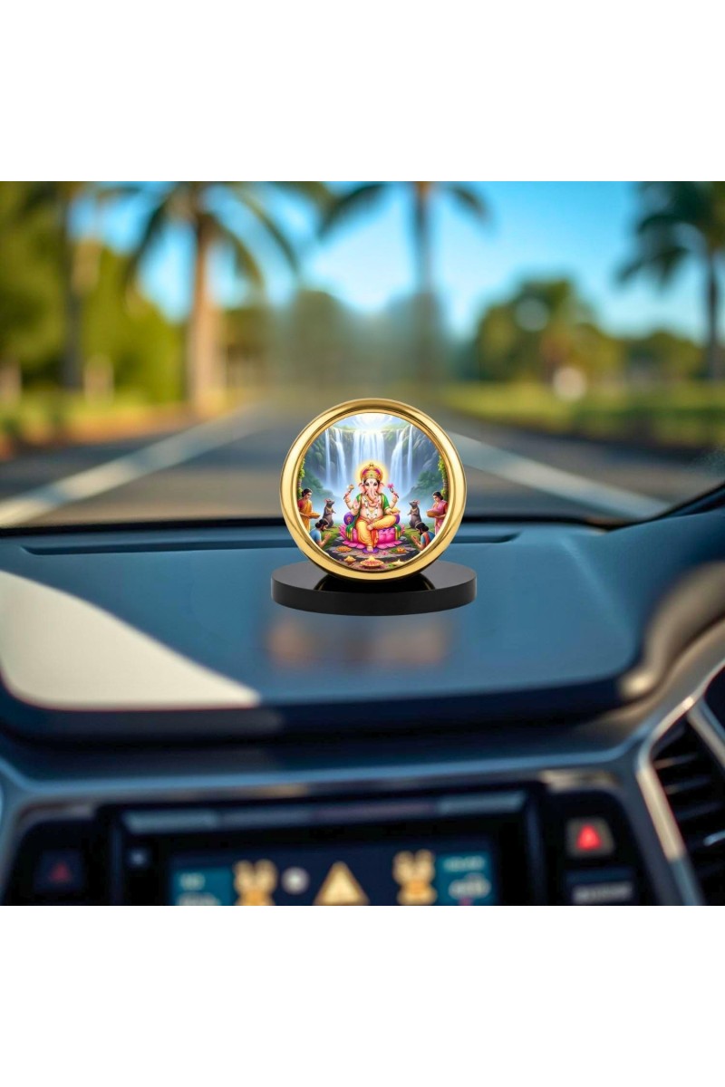 Car Desk/Table Top Lord Ganesha Metal Golden Photo Stand 2x2 Inches, Compact & Stylish Spiritual Display for Car, Home & Office (Pack of 1) (F18608)