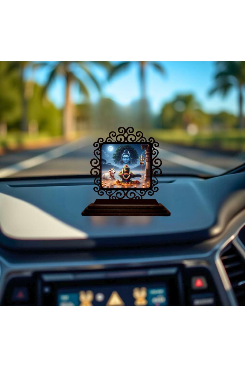 Car Desk/Table Top Lord Shiva and Lingam Wooden Showpiece 3x4 Inches, Compact & Stylish Spiritual Display for Car, Home & Office (Pack of 1) (F19959)