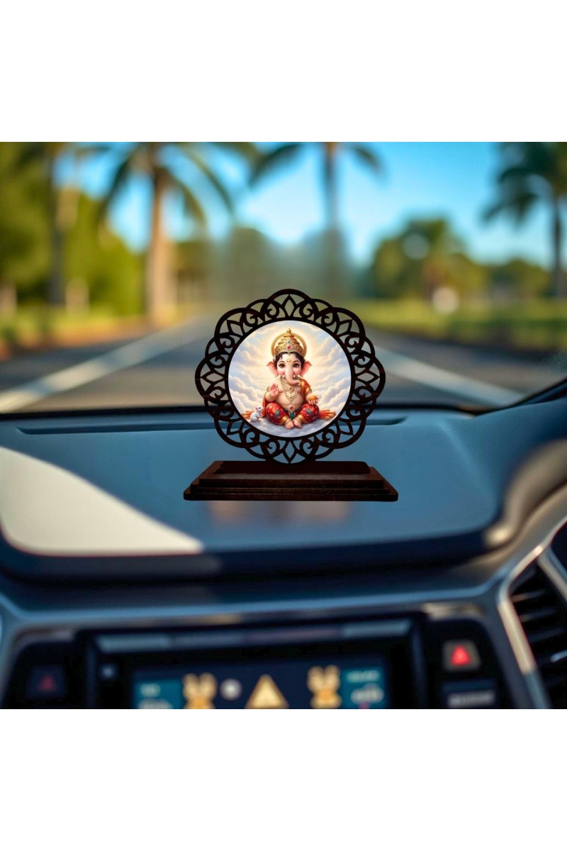 Car Desk/Table Top Lord Ganesha Wooden Showpiece 3x4 Inches, Compact & Stylish Spiritual Display for Car, Home & Office (Pack of 1) (F19731)