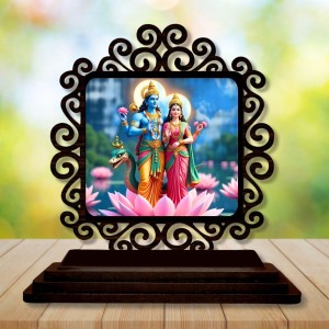 Car Desk/Table Top Lord Vishnu and Lakshmi Wooden Showpiece 3x4 Inches, Compact & Stylish Spiritual Display for Car, Home & Office (Pack of 1) (F19989)