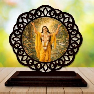 Car Desk/Table Top Sri Chaitanya Mahaprabhu Wooden Showpiece 3x4 Inches, Compact & Stylish Spiritual Display for Car, Home & Office (Pack of 1) (F19616)