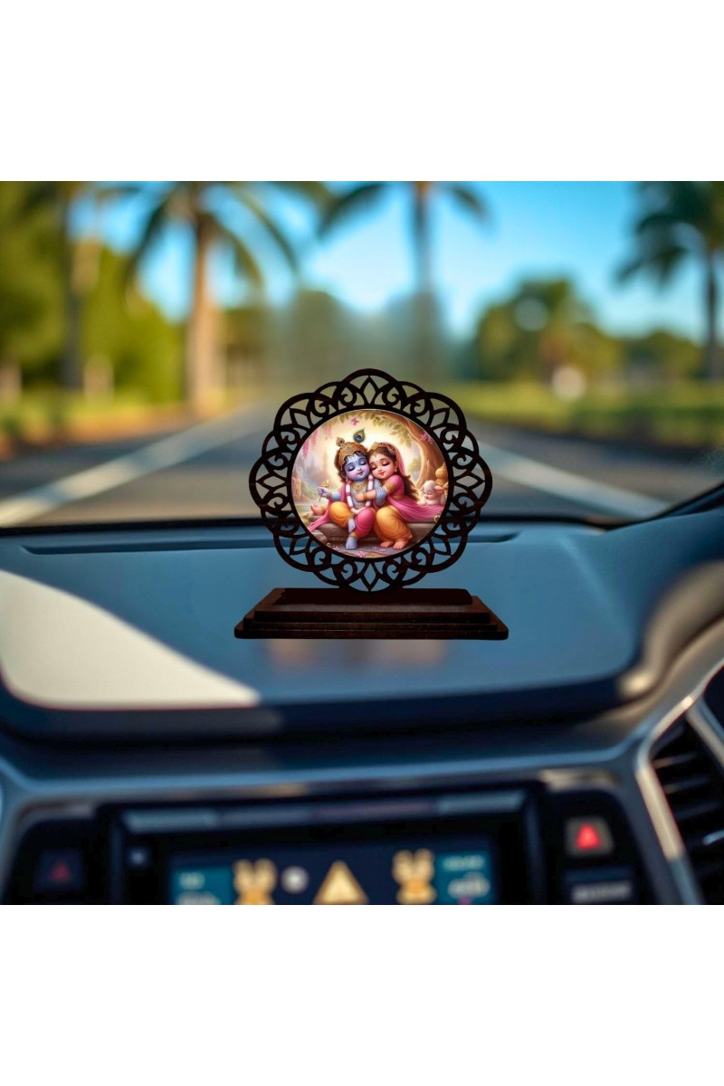 Car Desk/Table Top Radha Krishna Wooden Showpiece 3x4 Inches, Compact & Stylish Spiritual Display for Car, Home & Office (Pack of 1) (F19596)