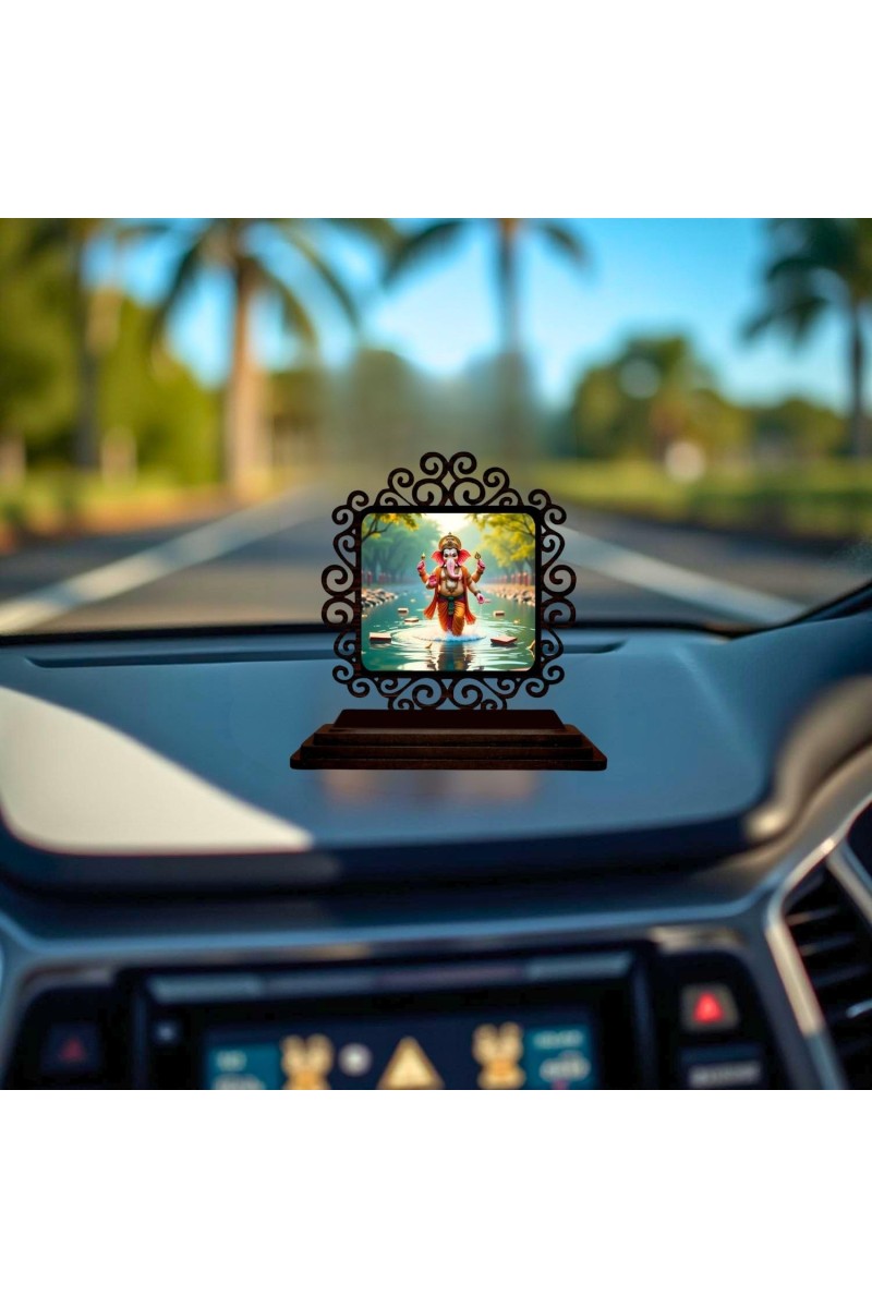 Car Desk/Table Top Lord Ganesha Wooden Showpiece 3x4 Inches, Compact & Stylish Spiritual Display for Car, Home & Office (Pack of 1) (F19801)