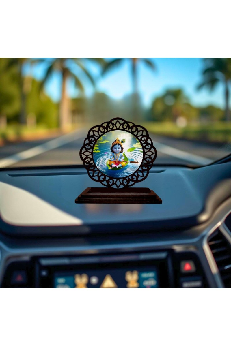 Car Desk/Table Top Lord Krishna Wooden Showpiece 3x4 Inches, Compact & Stylish Spiritual Display for Car, Home & Office (Pack of 1) (F19714)