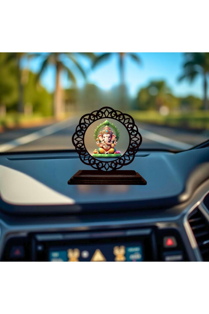 Car Desk/Table Top Lord Ganesha Wooden Showpiece 3x4 Inches, Compact & Stylish Spiritual Display for Car, Home & Office (Pack of 1) (F19639)