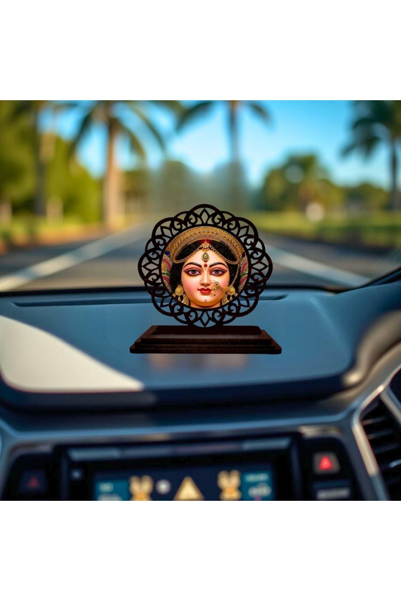 Car Desk/Table Top Durga Maa Wooden Showpiece 3x4 Inches, Compact & Stylish Spiritual Display for Car, Home & Office (Pack of 1) (F19725)
