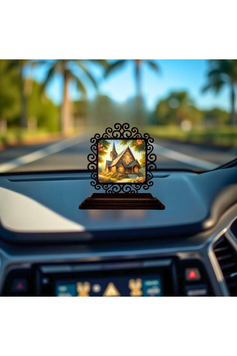 Car Desk/Table Top Beautiful Church Wooden Showpiece 3x4 Inches, Compact & Stylish Spiritual Display for Car, Home & Office (Pack of 1) (F19909)