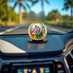 Car Desk/Table Top Radha Krishna Metal Golden Photo Stand 2x2 Inches, Compact & Stylish Spiritual Display for Car, Home & Office (Pack of 1) (F18915)