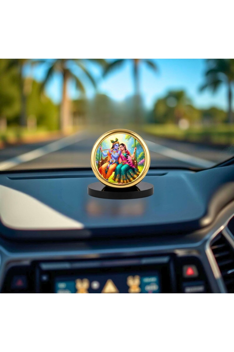 Car Desk/Table Top Radha Krishna Metal Golden Photo Stand 2x2 Inches, Compact & Stylish Spiritual Display for Car, Home & Office (Pack of 1) (F18915)