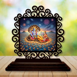 Car Desk/Table Top Lord Vishnu and Lakshmi Wooden Showpiece 3x4 Inches, Compact & Stylish Spiritual Display for Car, Home & Office (Pack of 1) (F19880)