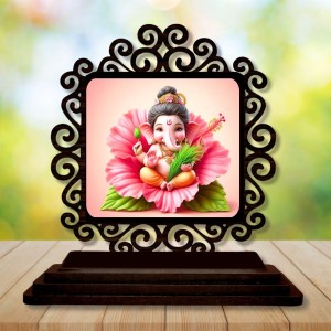 Car Desk/Table Top Lord Ganesha Wooden Showpiece 3x4 Inches, Compact & Stylish Spiritual Display for Car, Home & Office (Pack of 1) (F19922)