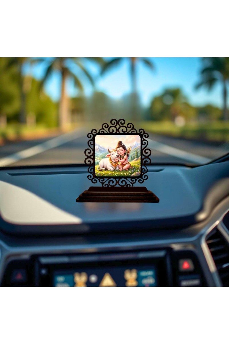 Car Desk/Table Top Lord Shiva Wooden Showpiece 3x4 Inches, Compact & Stylish Spiritual Display for Car, Home & Office (Pack of 1) (F19982)