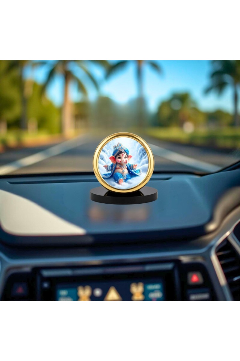 Car Desk/Table Top Lord Ganesha Metal Golden Photo Stand 2x2 Inches, Compact & Stylish Spiritual Display for Car, Home & Office (Pack of 1) (F18615)