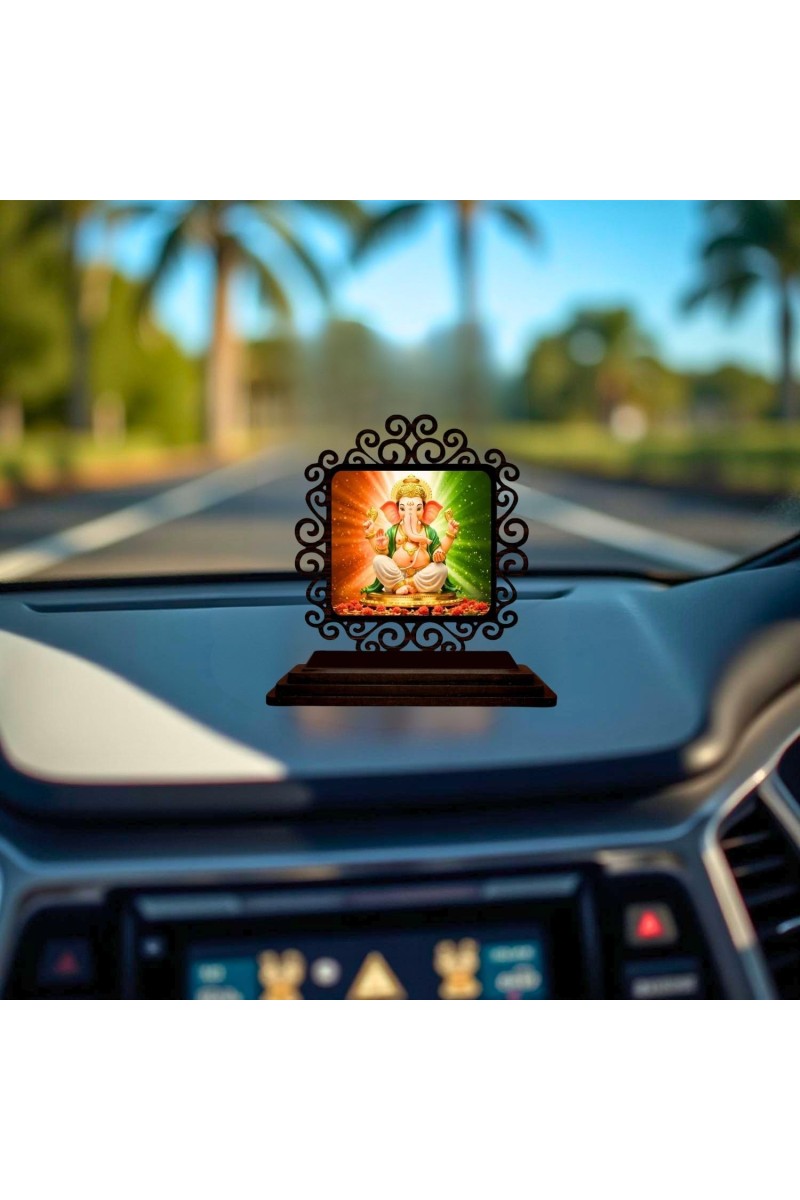 Car Desk/Table Top Lord Ganesha Wooden Showpiece 3x4 Inches, Compact & Stylish Spiritual Display for Car, Home & Office (Pack of 1) (F19930)
