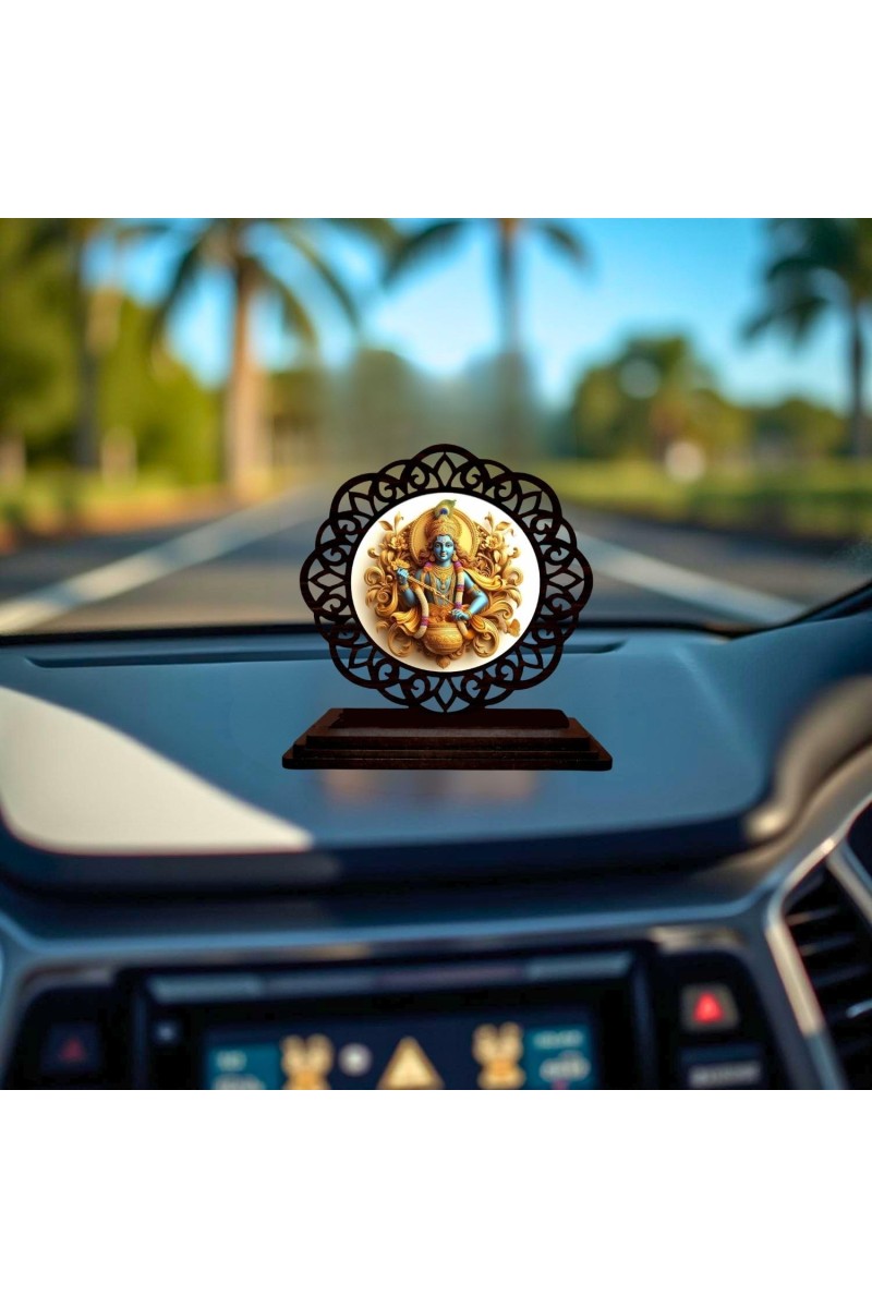 Car Desk/Table Top Lord Krishna Wooden Showpiece 3x4 Inches, Compact & Stylish Spiritual Display for Car, Home & Office (Pack of 1) (F19602)